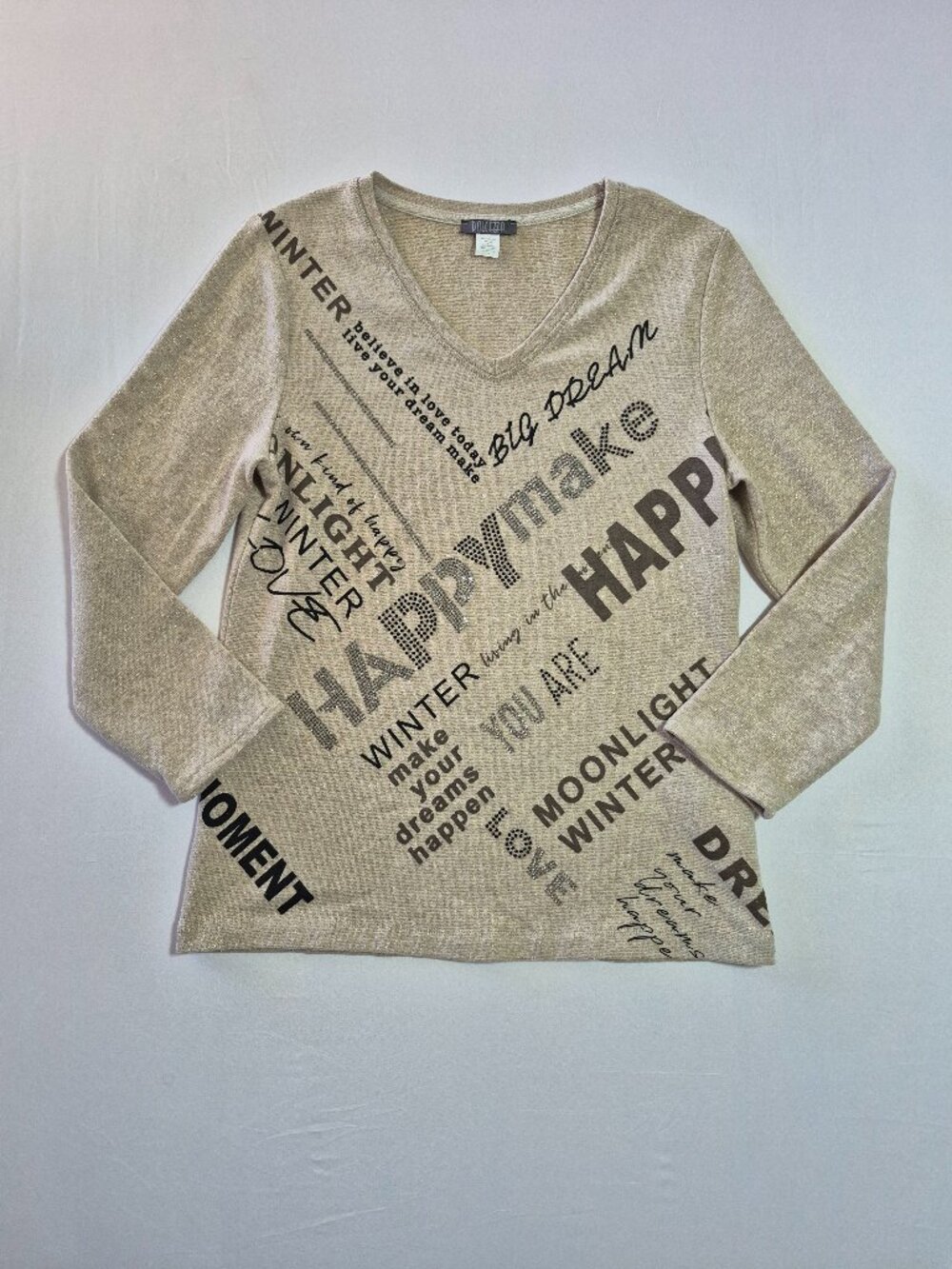 Dolcezza Women Gold Metallic Knit Shirt Graphic Text Print Long Sleeve Size S